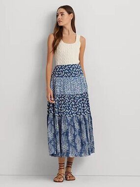 $195 Lauren Ralph Lauren Patchwork Floral Voile Tiered Skirt Size 8
